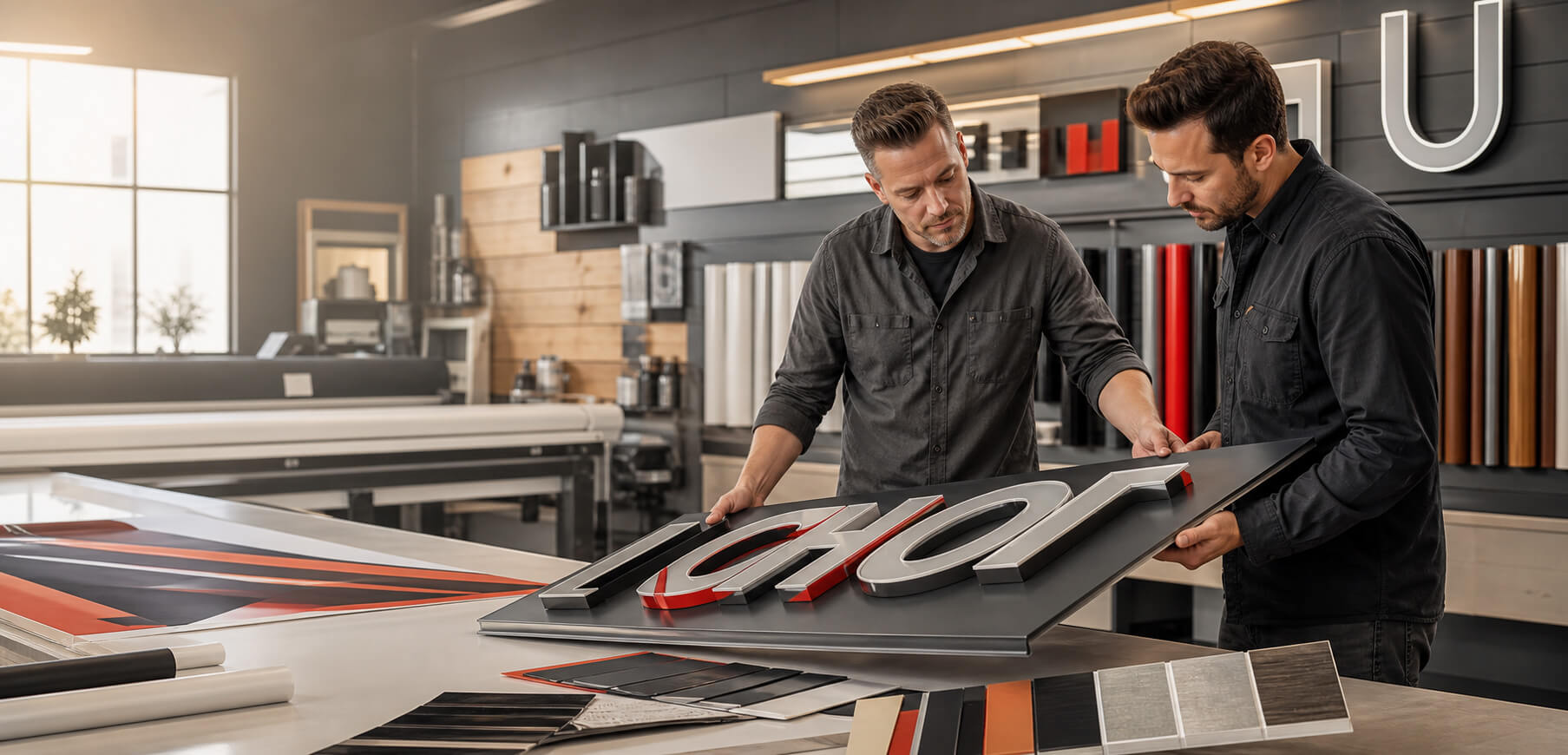 Custom sign makers reviewing a storefront sign inside a modern fabrication workshop